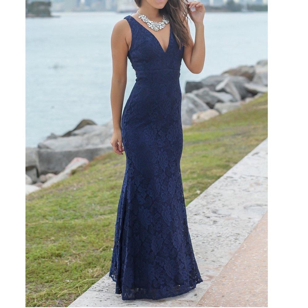 Chiffon And Lace Dress with Open Back Dark Navy